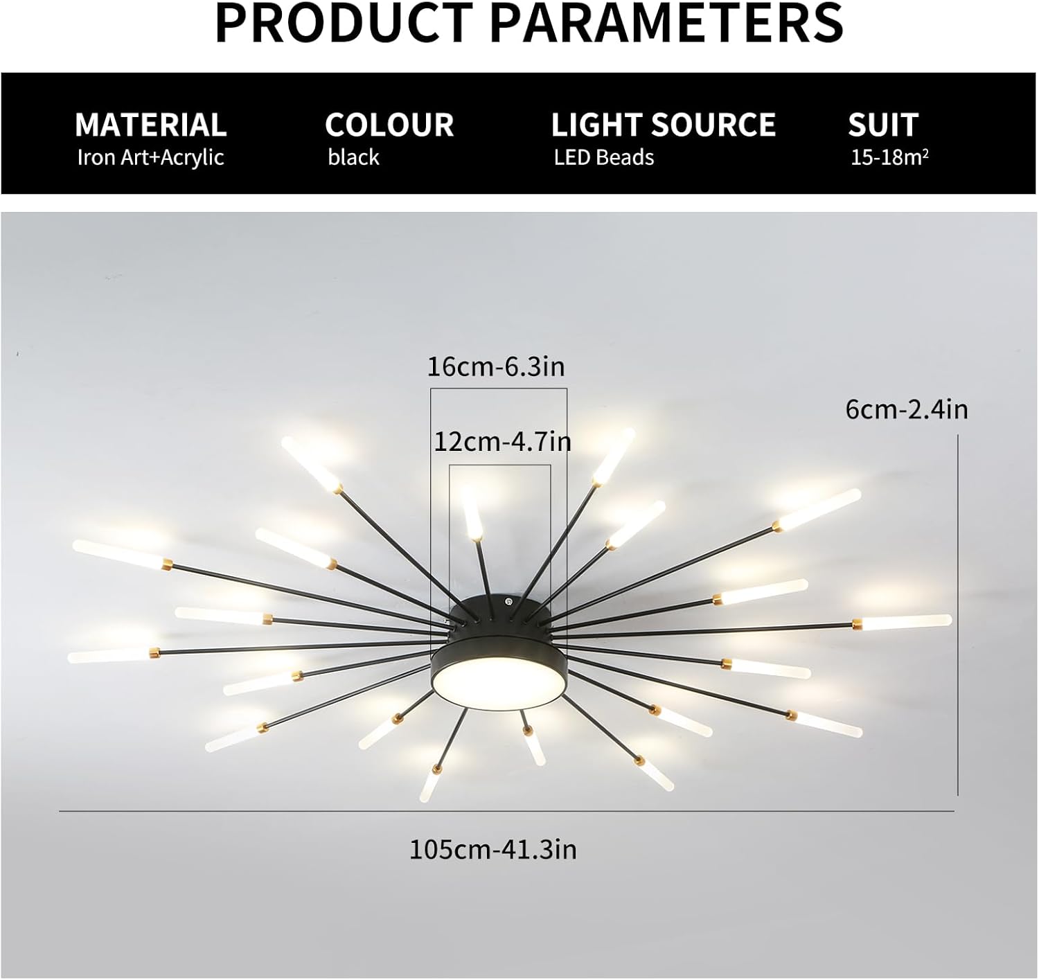 Black modern ceiling light fixture with measurements on a white background