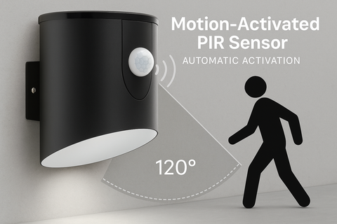 Black motion-activated PIR sensor with light and person icon on a gray background