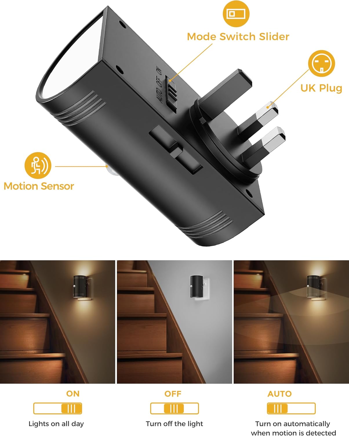 Black motion sensor light switch with UK plug, labeled features, and usage scenarios.