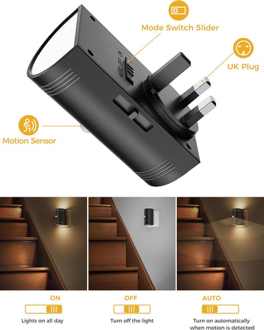 Black motion sensor light switch with UK plug, labeled features, and usage scenarios.