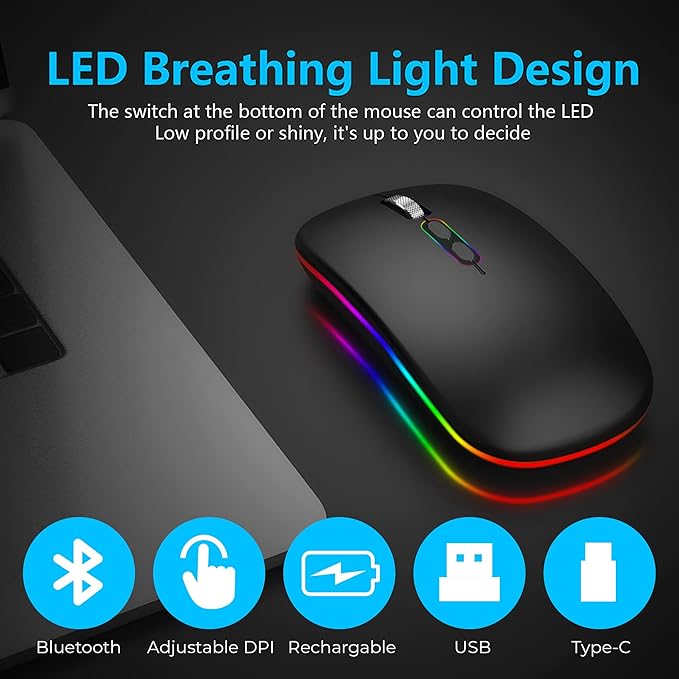Black mouse with LED breathing light design on a dark surface, featuring Bluetooth, adjustable DPI, rechargeable, USB, and Type-C icons.
