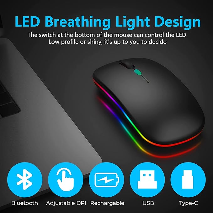 Black mouse with RGB lighting on a dark surface, featuring LED breathing light design text.