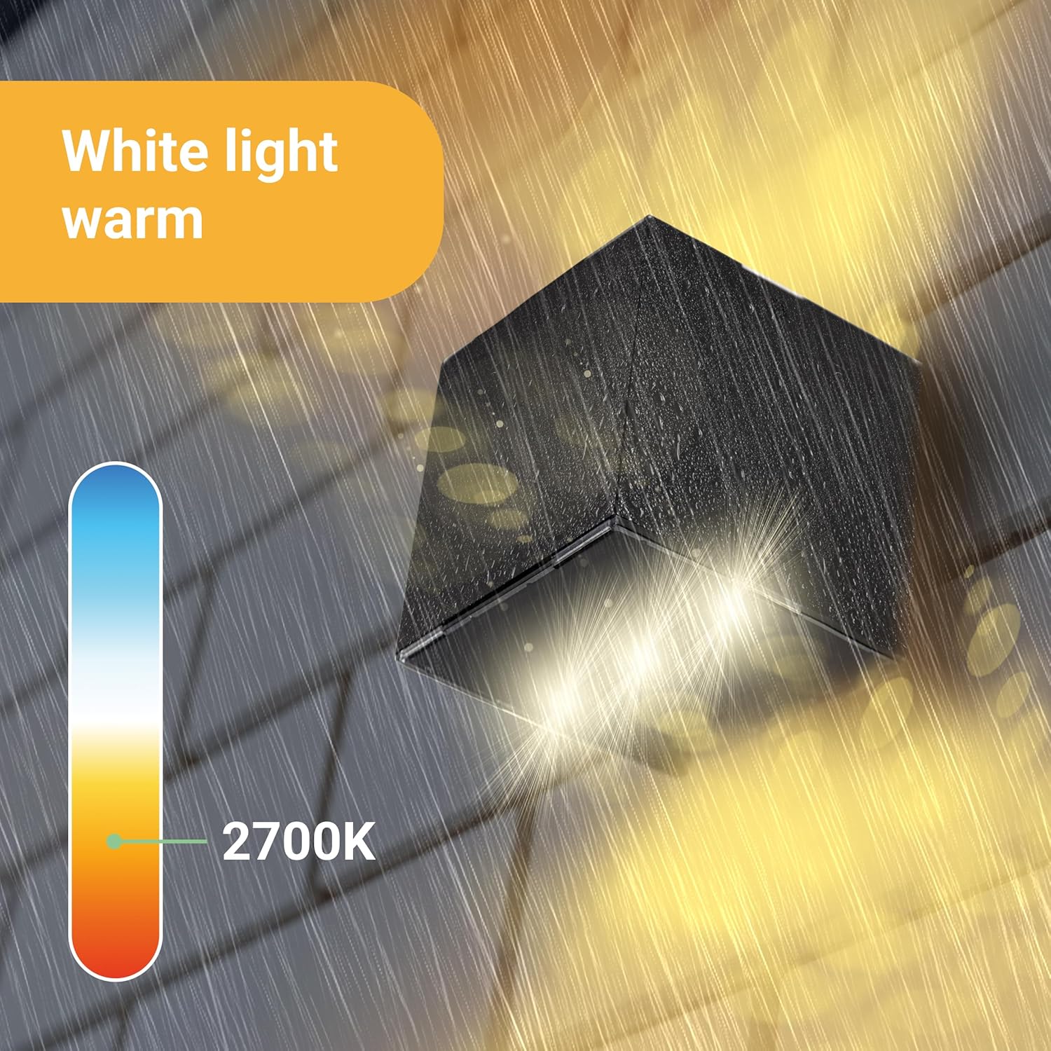 Black outdoor light fixture emitting warm white light with a color temperature indicator on a rain-soaked surface.