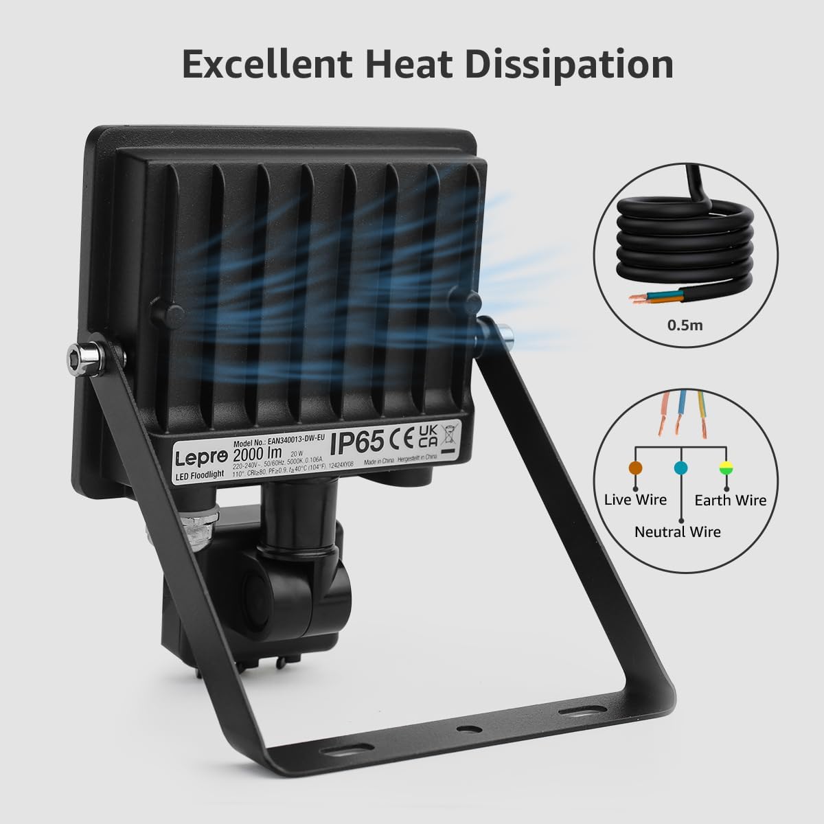 Black outdoor floodlight with heat dissipation features and wiring diagram on a white background