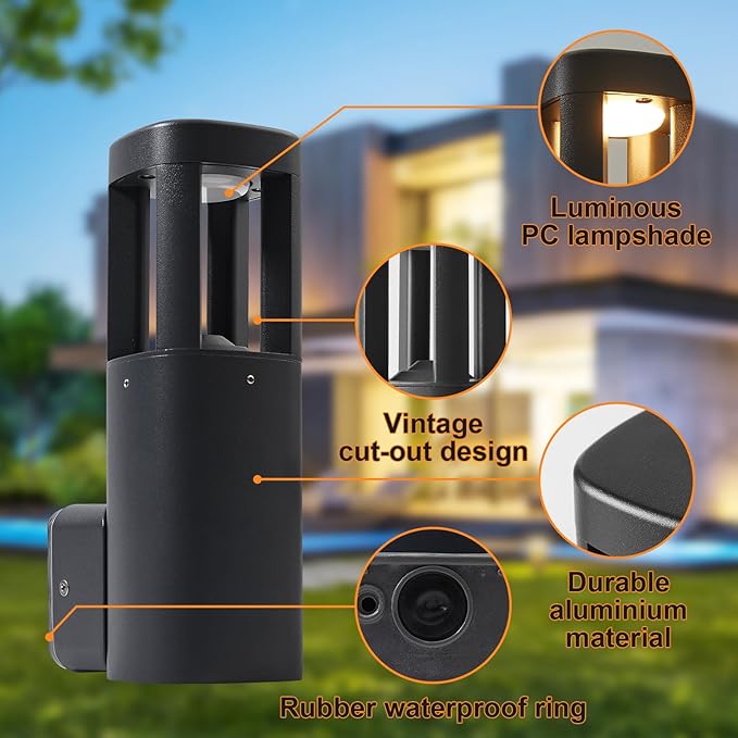 Black outdoor lamp with features highlighted on a blurred garden background