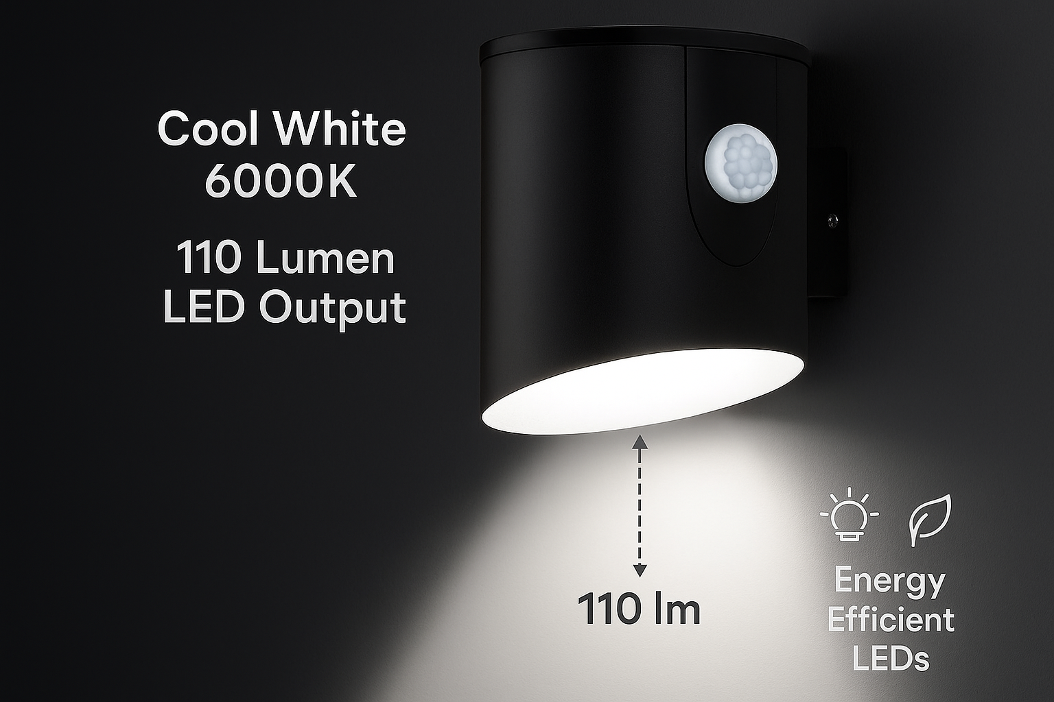 Black outdoor light fixture with LED output and energy efficiency features on a dark background