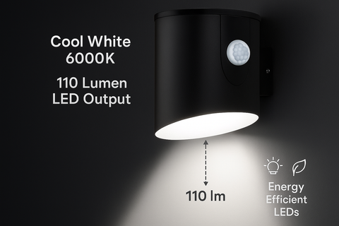 Black outdoor light fixture with LED output and energy efficiency features on a dark background