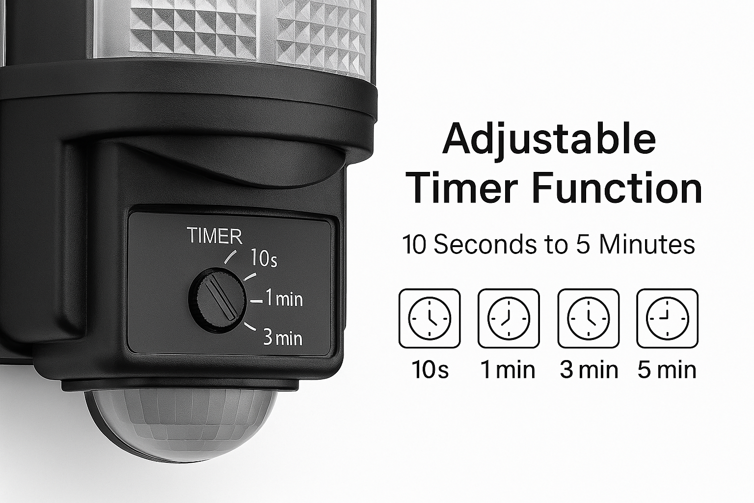 Black outdoor light fixture with adjustable timer function on a white background