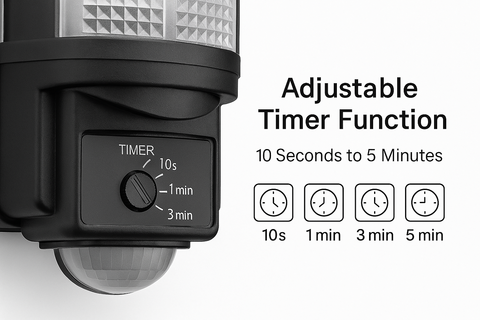 Black outdoor light fixture with adjustable timer function on a white background