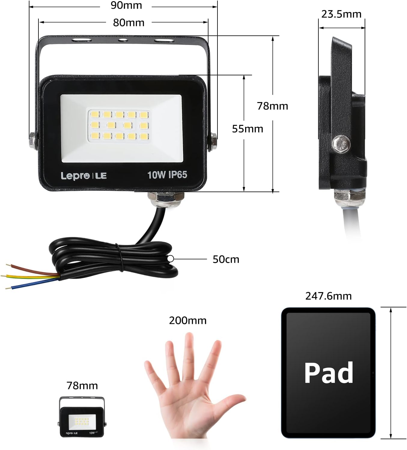 Black outdoor light fixture with heat dissipation arrows and wire diagram on a white background