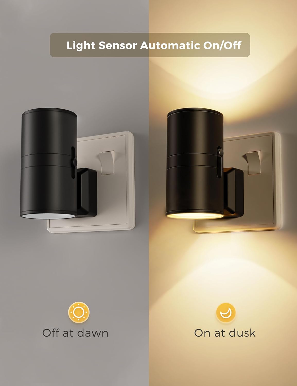 Black outdoor light fixture with light sensor on a gray background