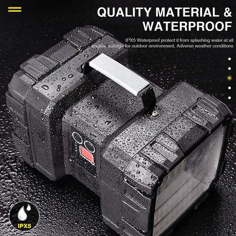 Black outdoor light with water droplets on a dark background, emphasizing quality material and waterproof feature.