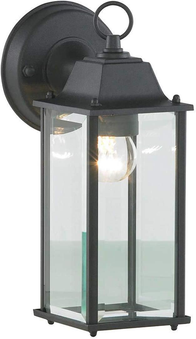 Black outdoor wall lantern with clear glass on a white background