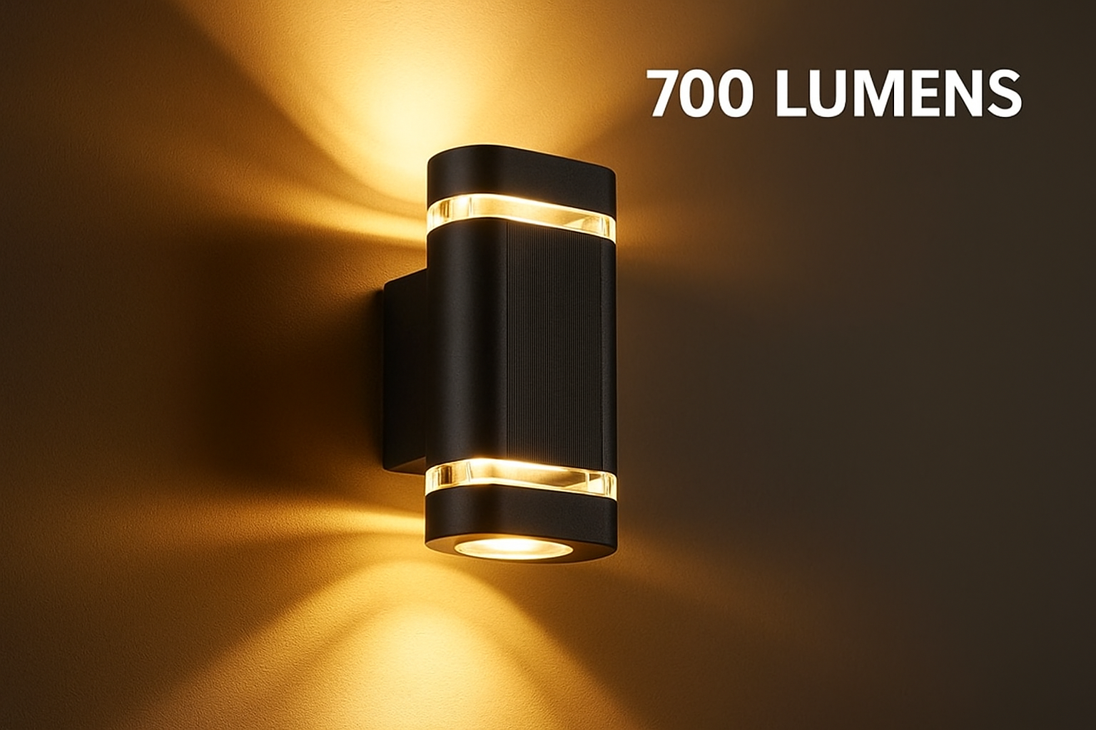 Black outdoor wall light fixture emitting warm light with '700 LUMENS' text on a dark background.