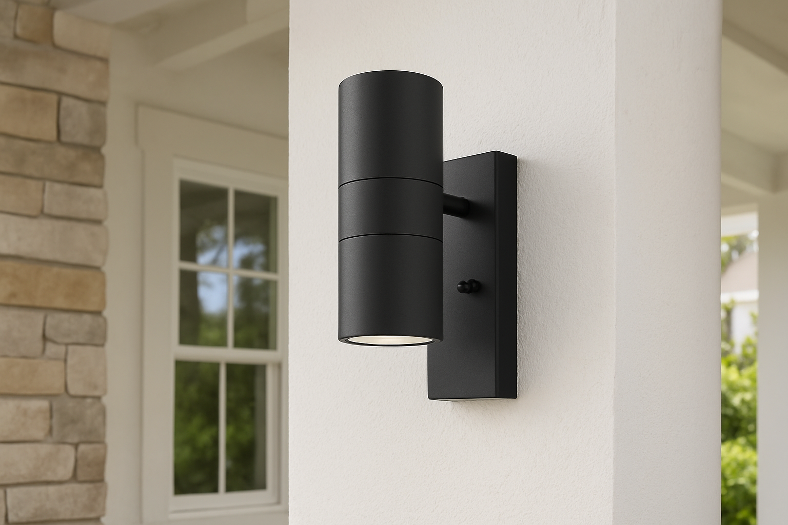 Black outdoor wall light fixture on a house exterior.