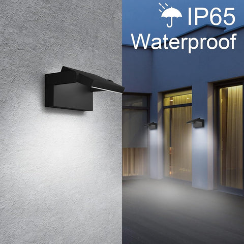 Black outdoor wall light fixture on a textured wall with 'IP65 Waterproof' text in the corner.