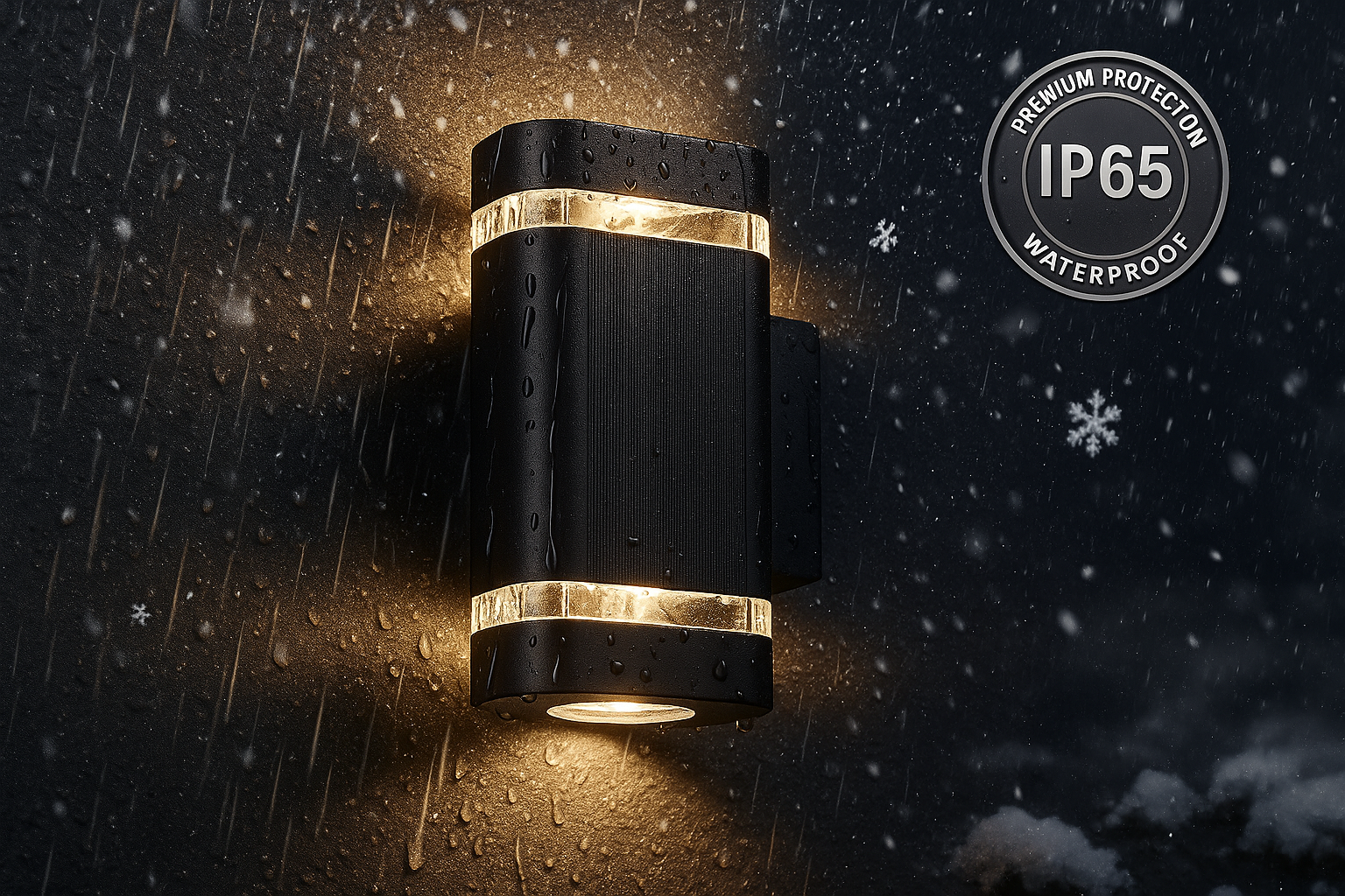 Black outdoor wall light fixture with IP65 waterproof rating label on a dark background.