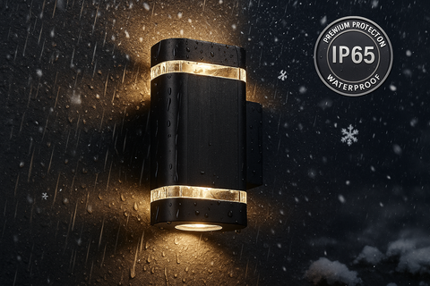 Black outdoor wall light fixture with IP65 waterproof rating label on a dark background.
