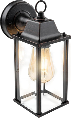 Black outdoor wall light fixture with a lit bulb on a white background
