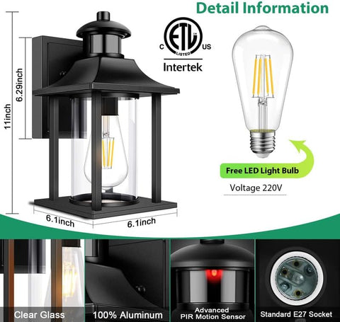 Black outdoor wall light fixture with dimensions, LED light bulb, and certification details on a white background.