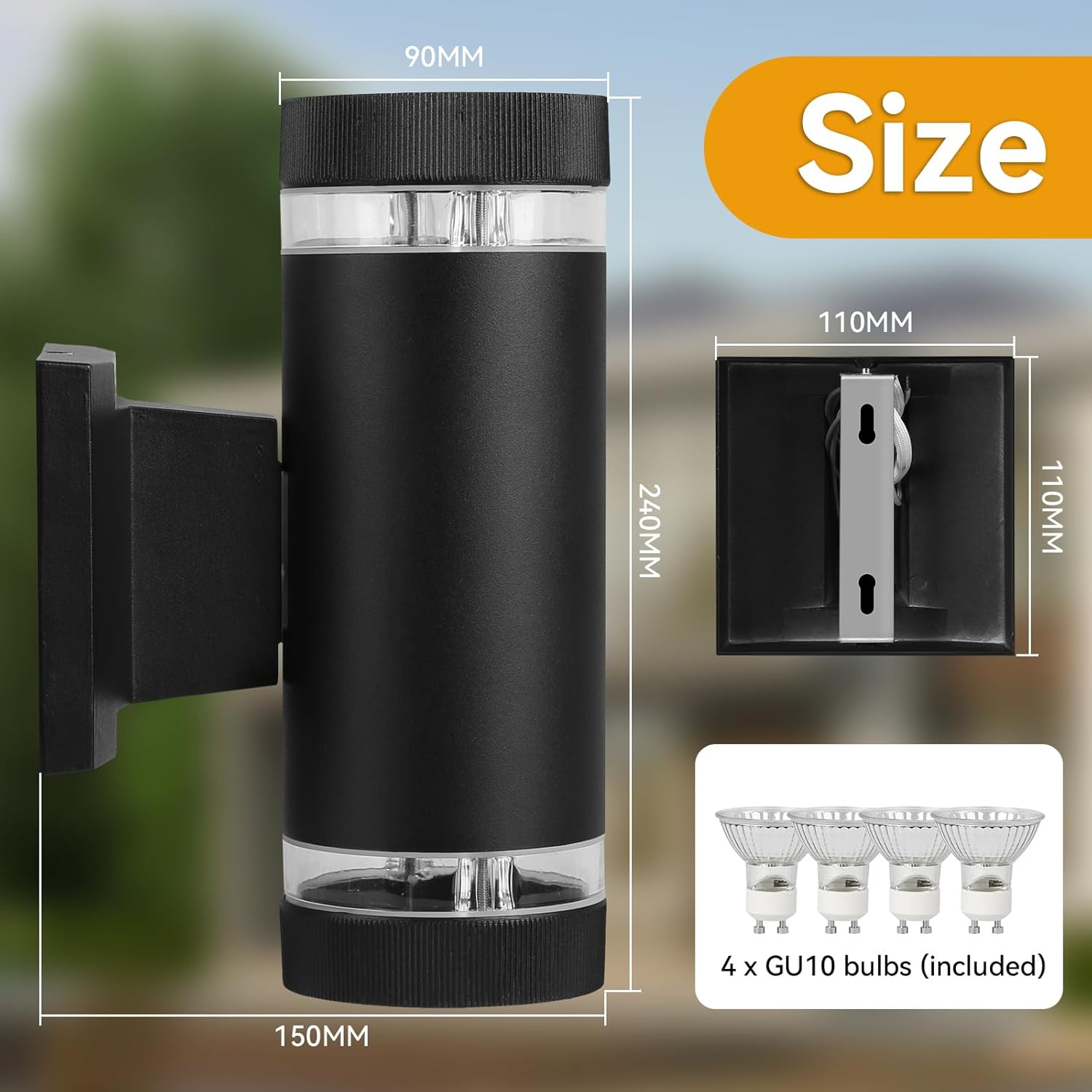 Black outdoor wall light fixture with dimensions and bulb information on a blurred background