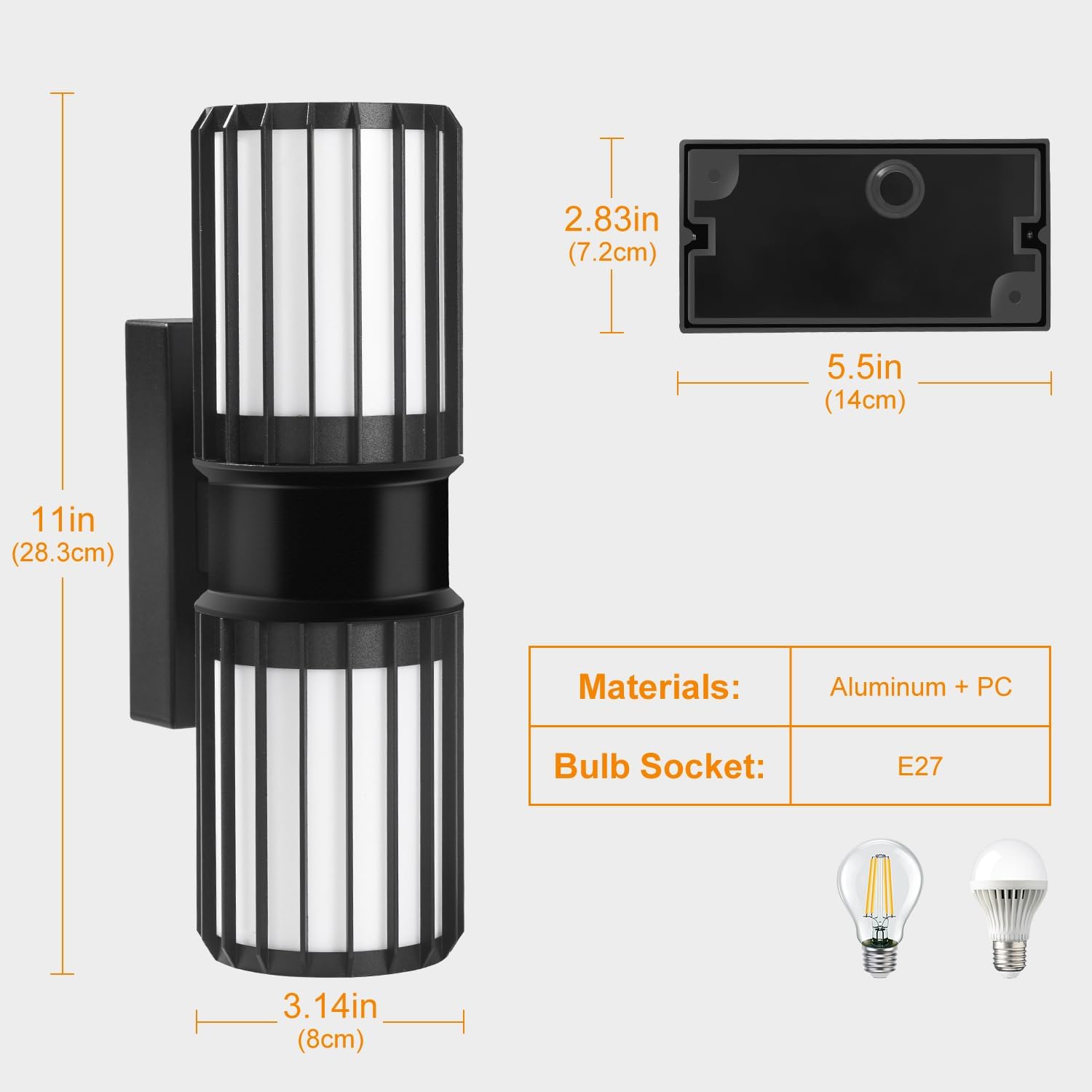 Black outdoor wall light fixture with dimensions and bulb information on a white background