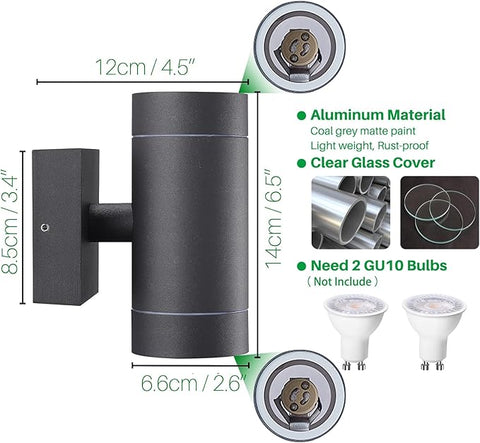 Black outdoor wall light fixture with dimensions and bulb requirements on a white background