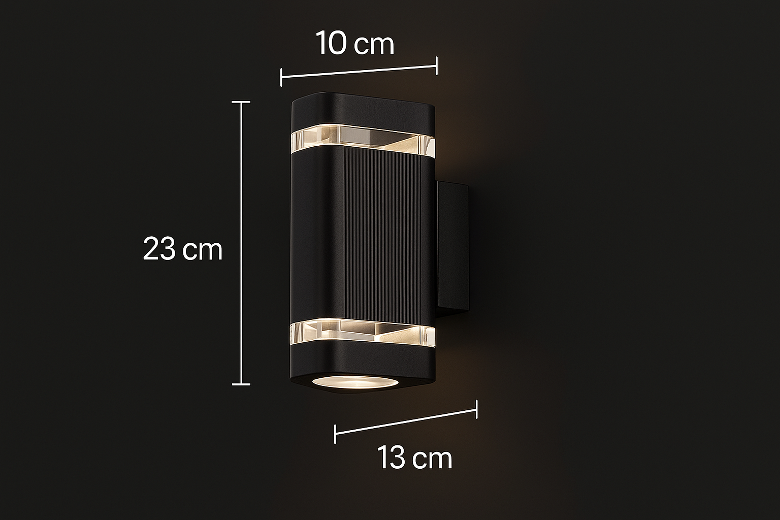 Black outdoor wall light fixture with dimensions labeled on a dark background