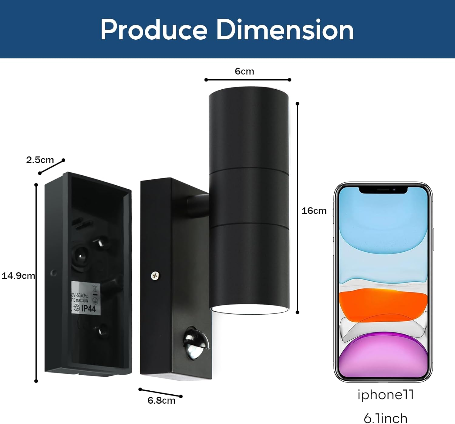 Black outdoor wall light fixture with dimensions shown next to an iPhone 11