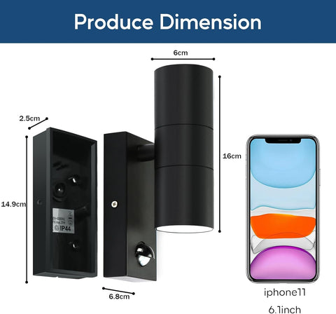 Black outdoor wall light fixture with dimensions shown next to an iPhone 11