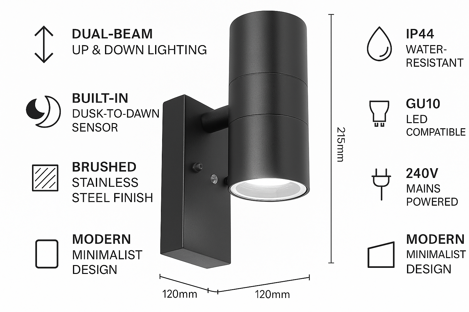 Black outdoor wall light fixture with features listed on a white background
