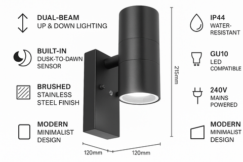 Black outdoor wall light fixture with features listed on a white background