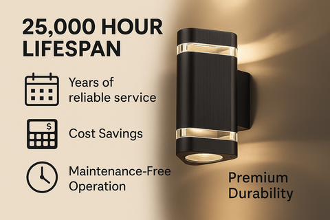 Black outdoor wall light fixture with lifespan benefits on a beige background