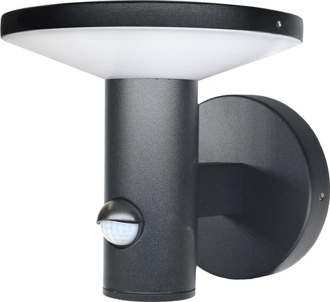 Black outdoor wall light fixture with motion sensor on a white background