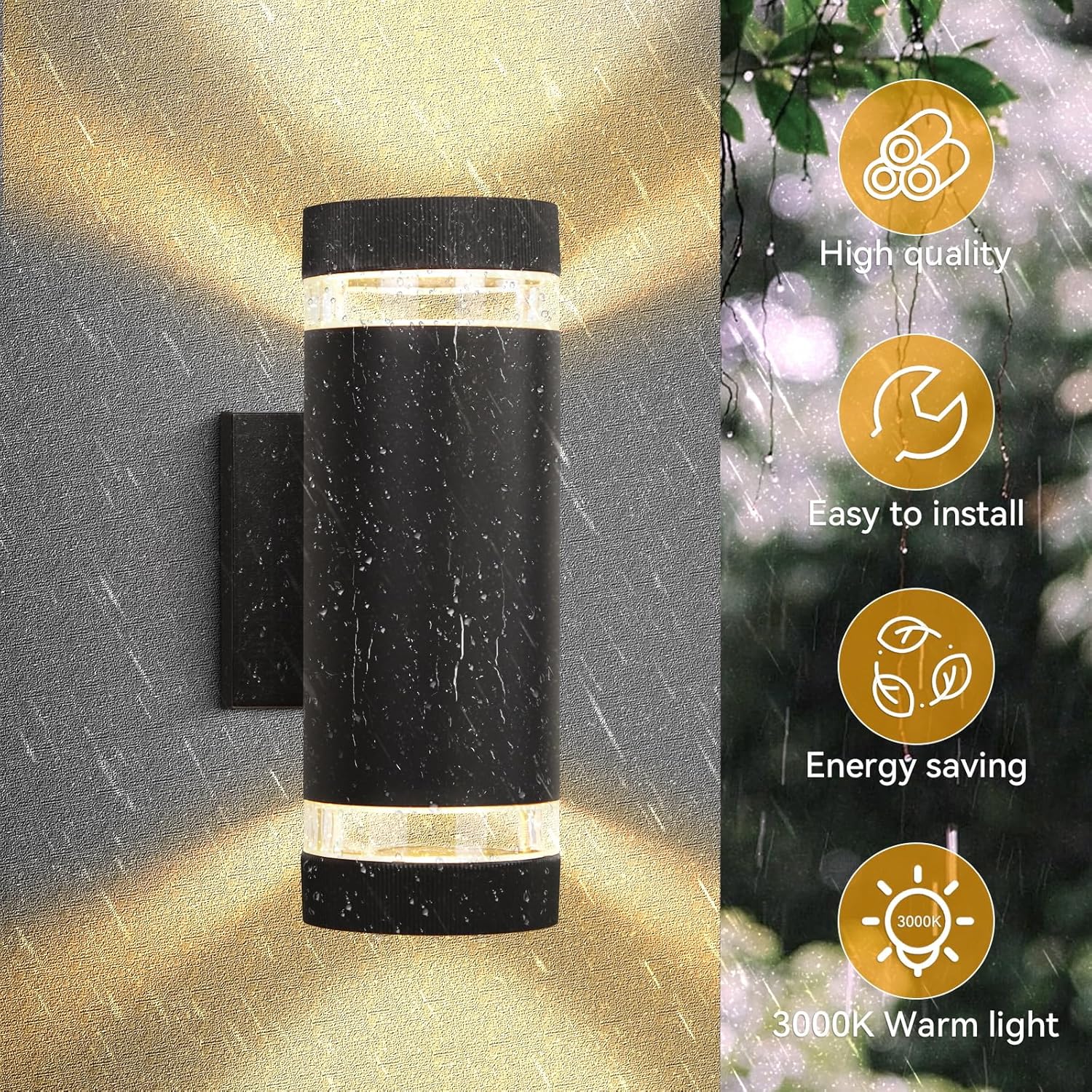 Black outdoor wall light fixture with raindrop effects on a gray background, featuring icons and text about product features.