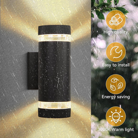 Black outdoor wall light fixture with raindrop effects on a gray background, featuring icons and text about product features.