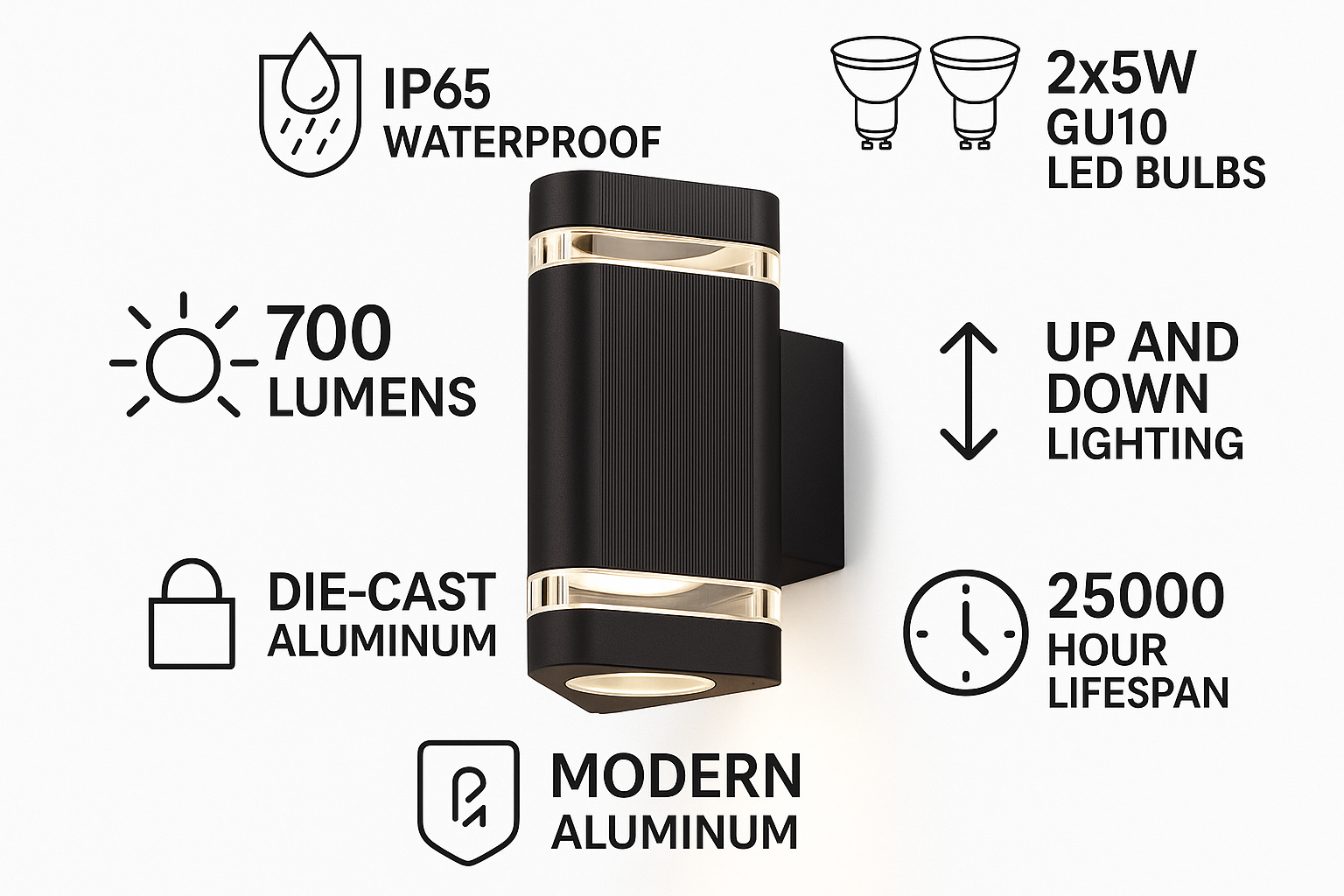 Black outdoor wall light fixture with specifications on a white background
