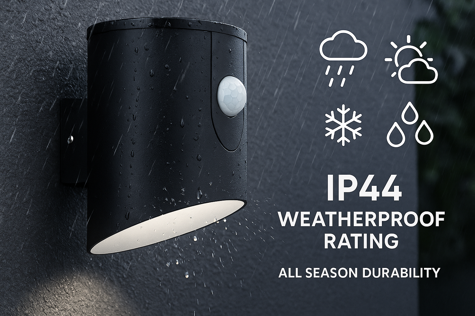 Black outdoor wall light fixture with weatherproof rating on a dark background
