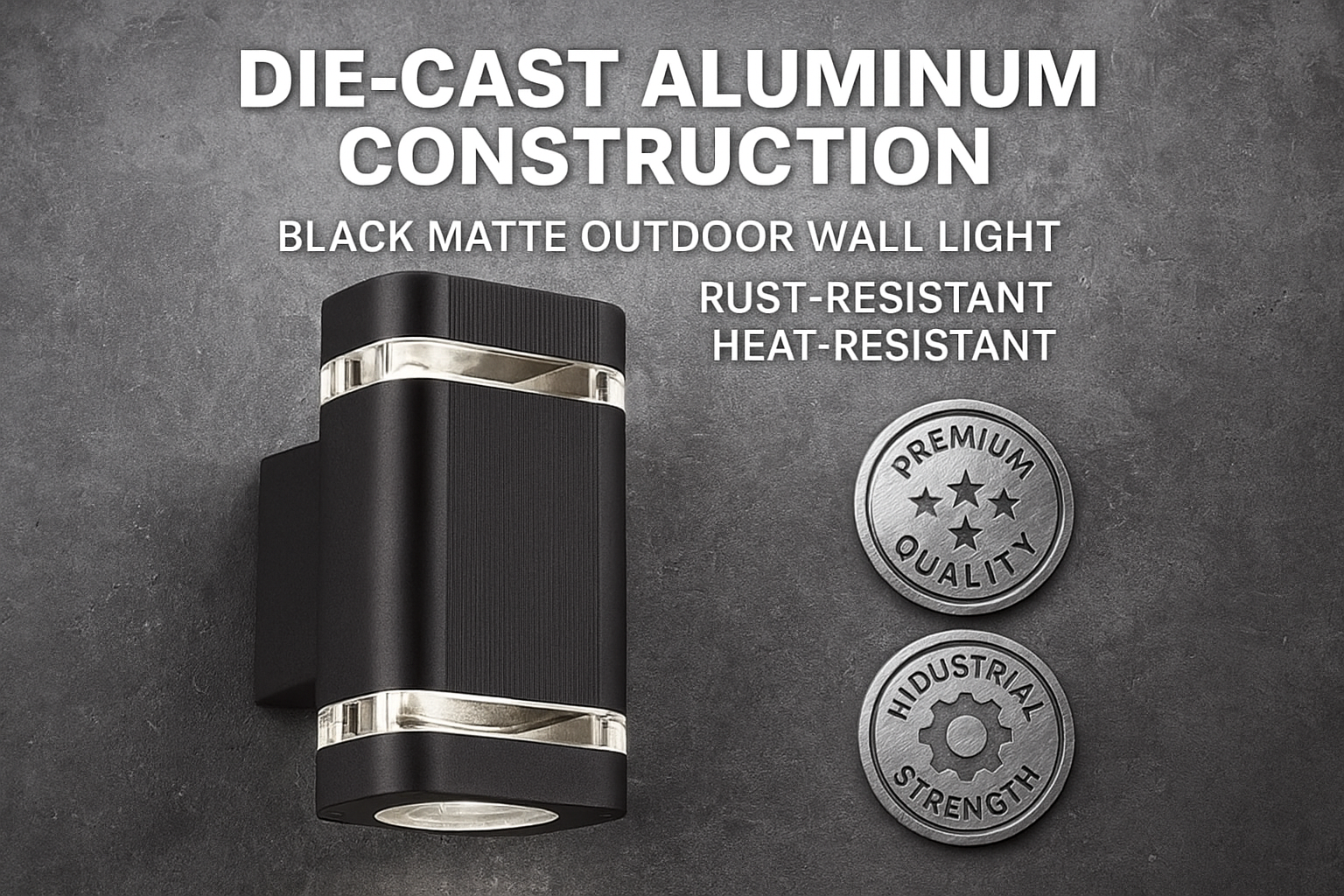 Black outdoor wall light with die-cast aluminum construction on a gray background