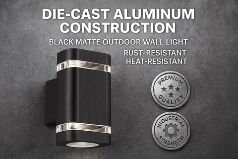 Black outdoor wall light with die-cast aluminum construction on a gray background
