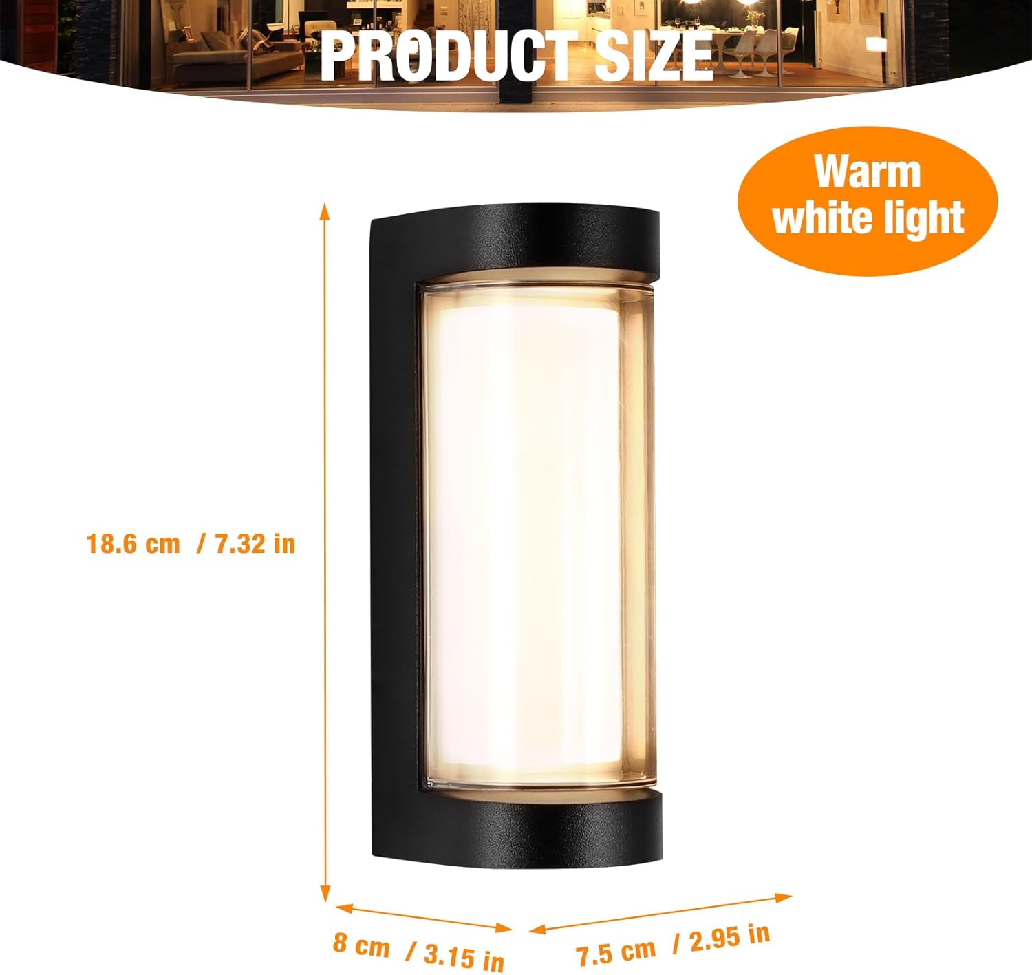 Black outdoor wall light with dimensions and warm white light label on a white background