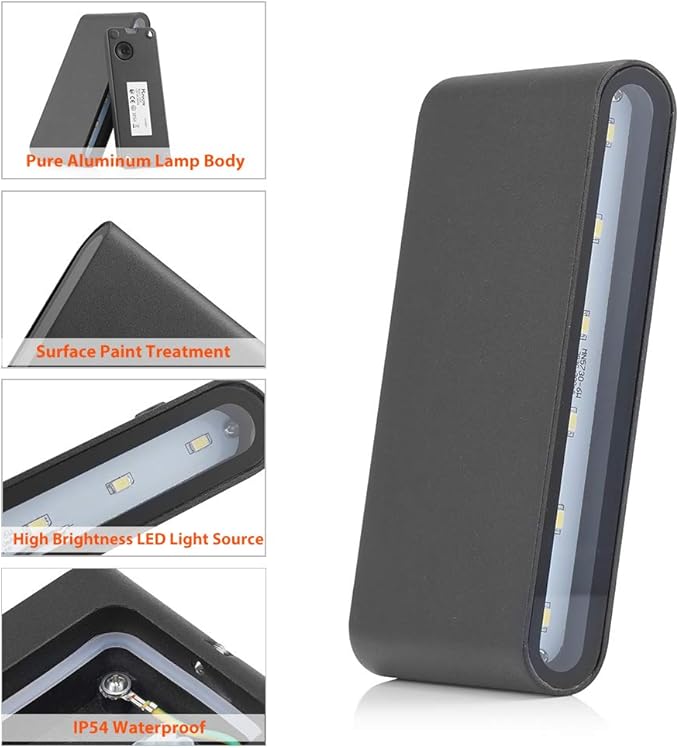 Black outdoor wall light with features highlighted on a white background