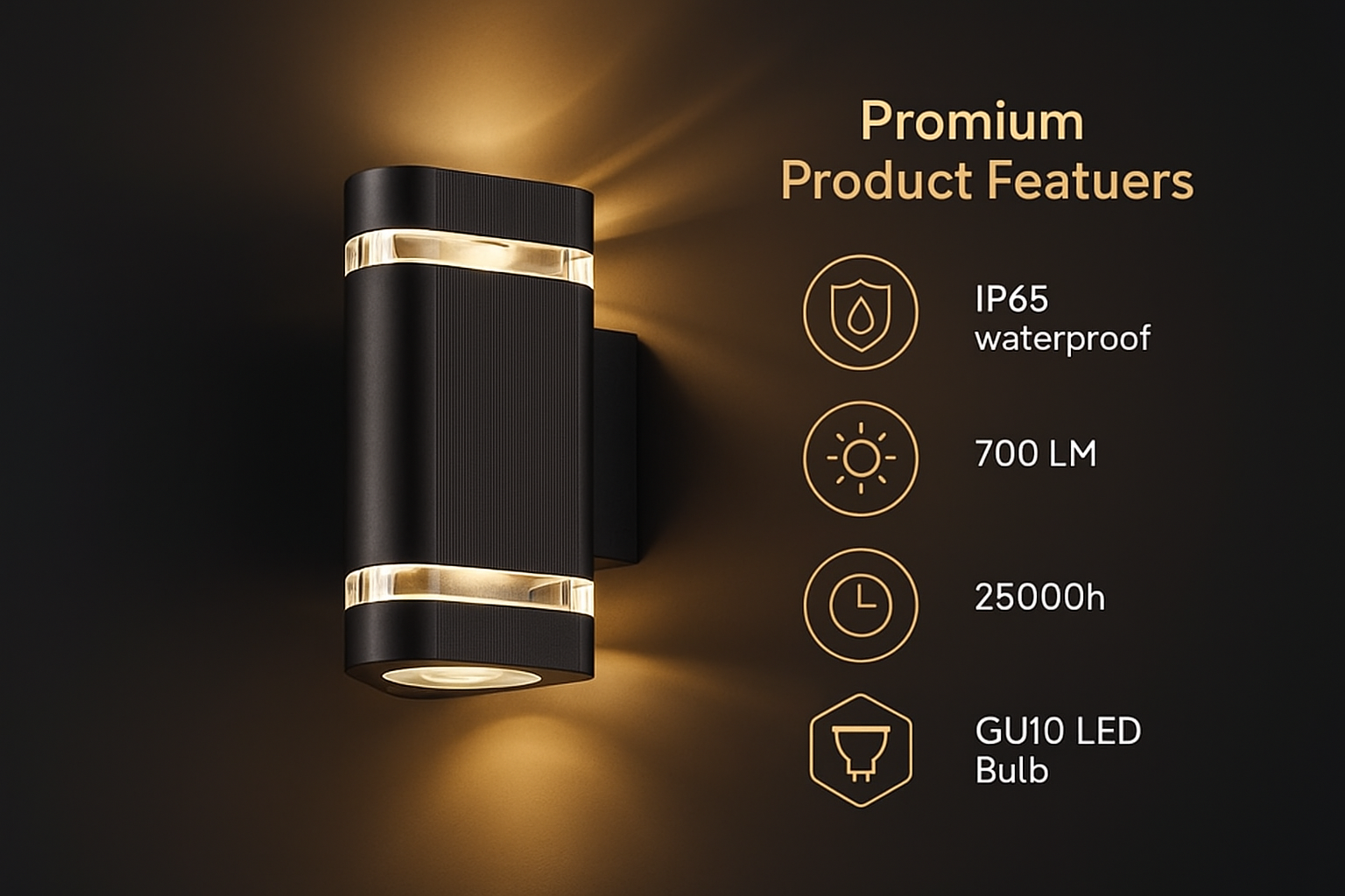 Black outdoor wall light with gold accents on a dark background, featuring product features text.