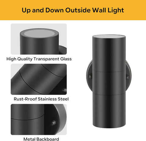 Black outdoor wall light with features highlighted on a white background