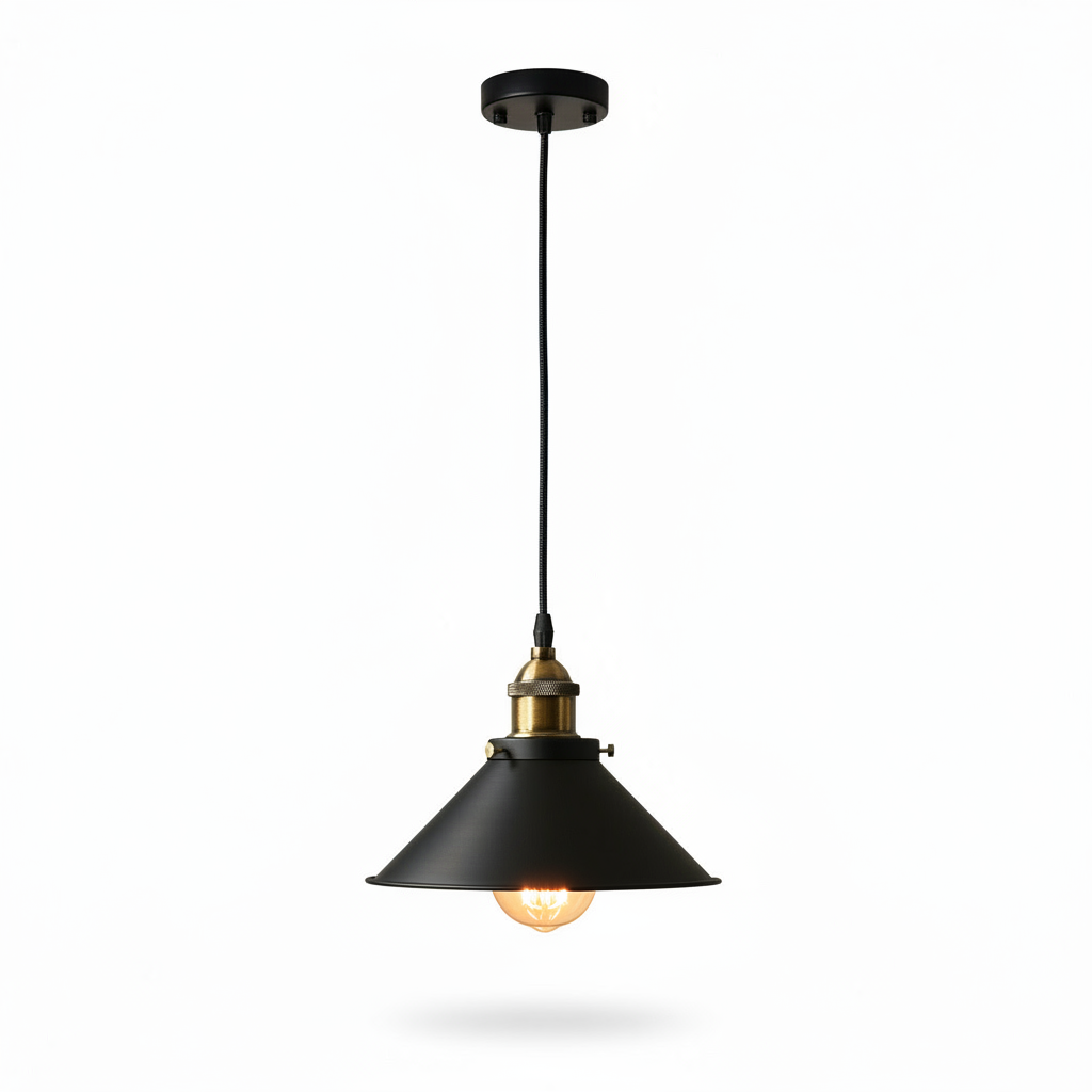 Black pendant light with a visible bulb on a white background