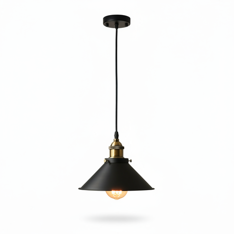 Black pendant light with a visible bulb on a white background