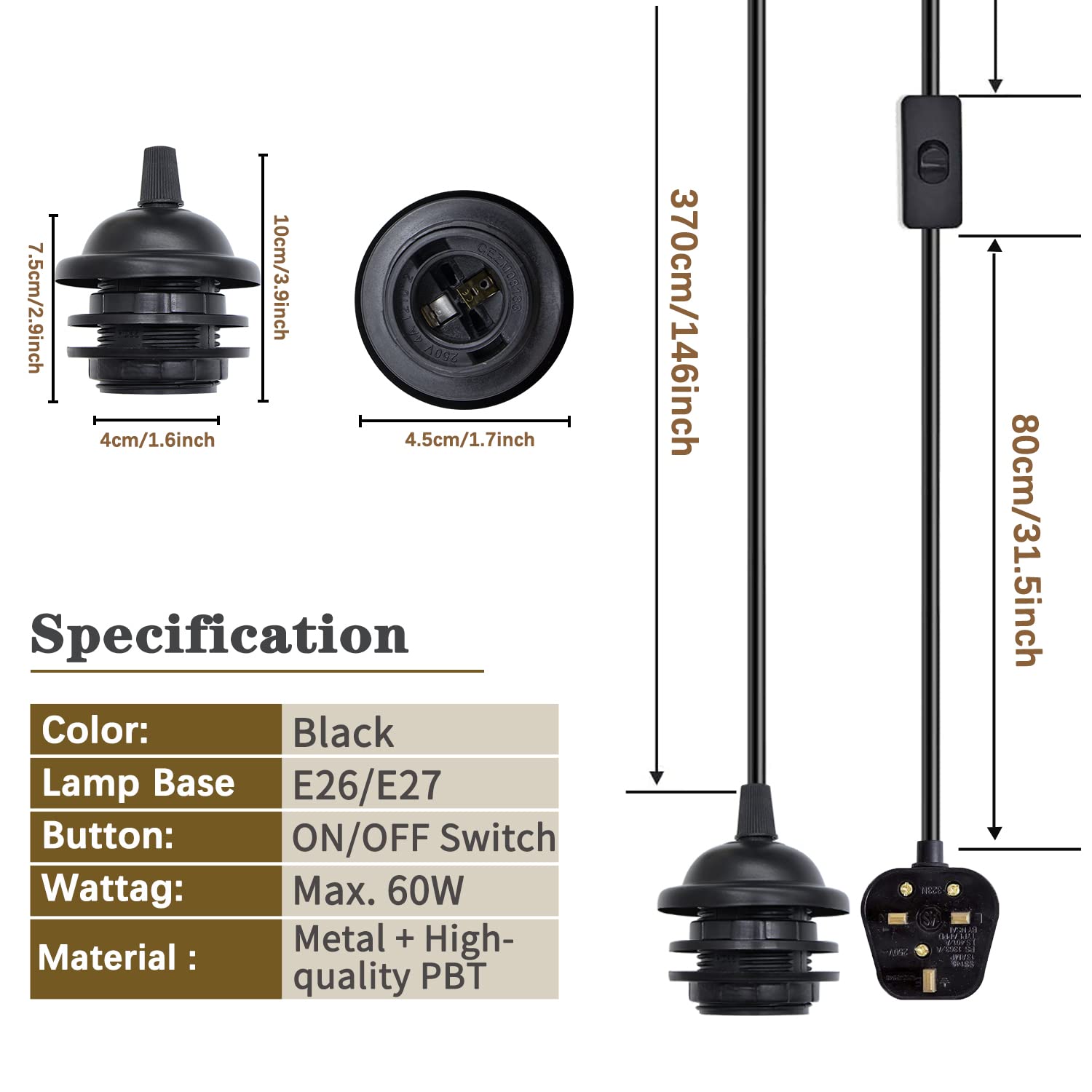 Black pendant light with measurements and specifications on a white background