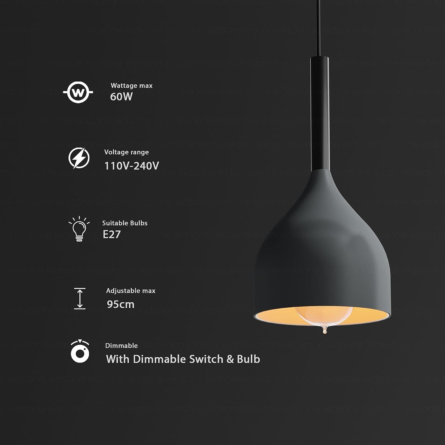 Black pendant light with specifications on a dark background