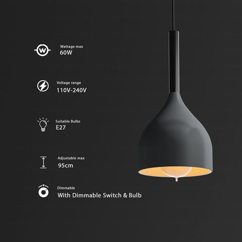 Black pendant light with specifications on a dark background