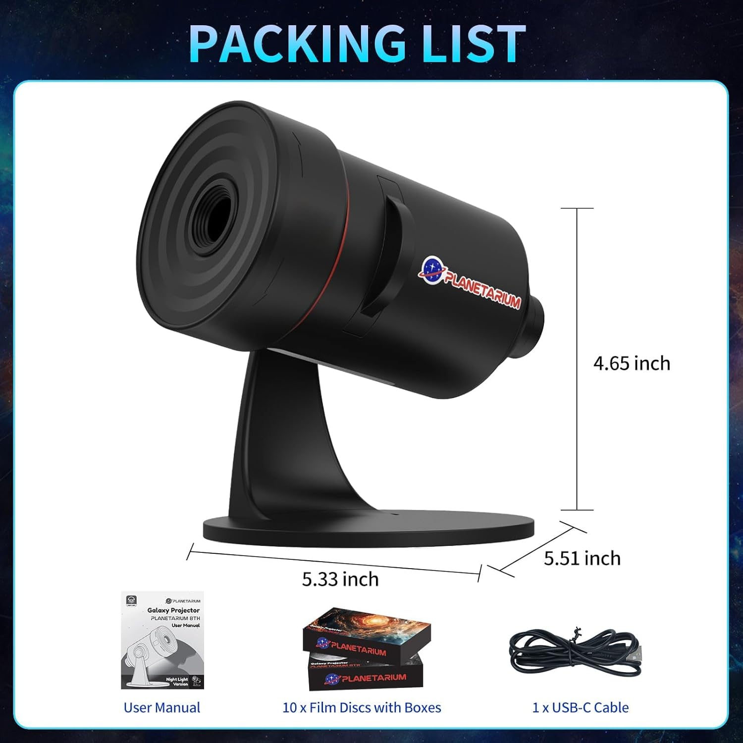 Black planetarium projector with packaging list on a white background